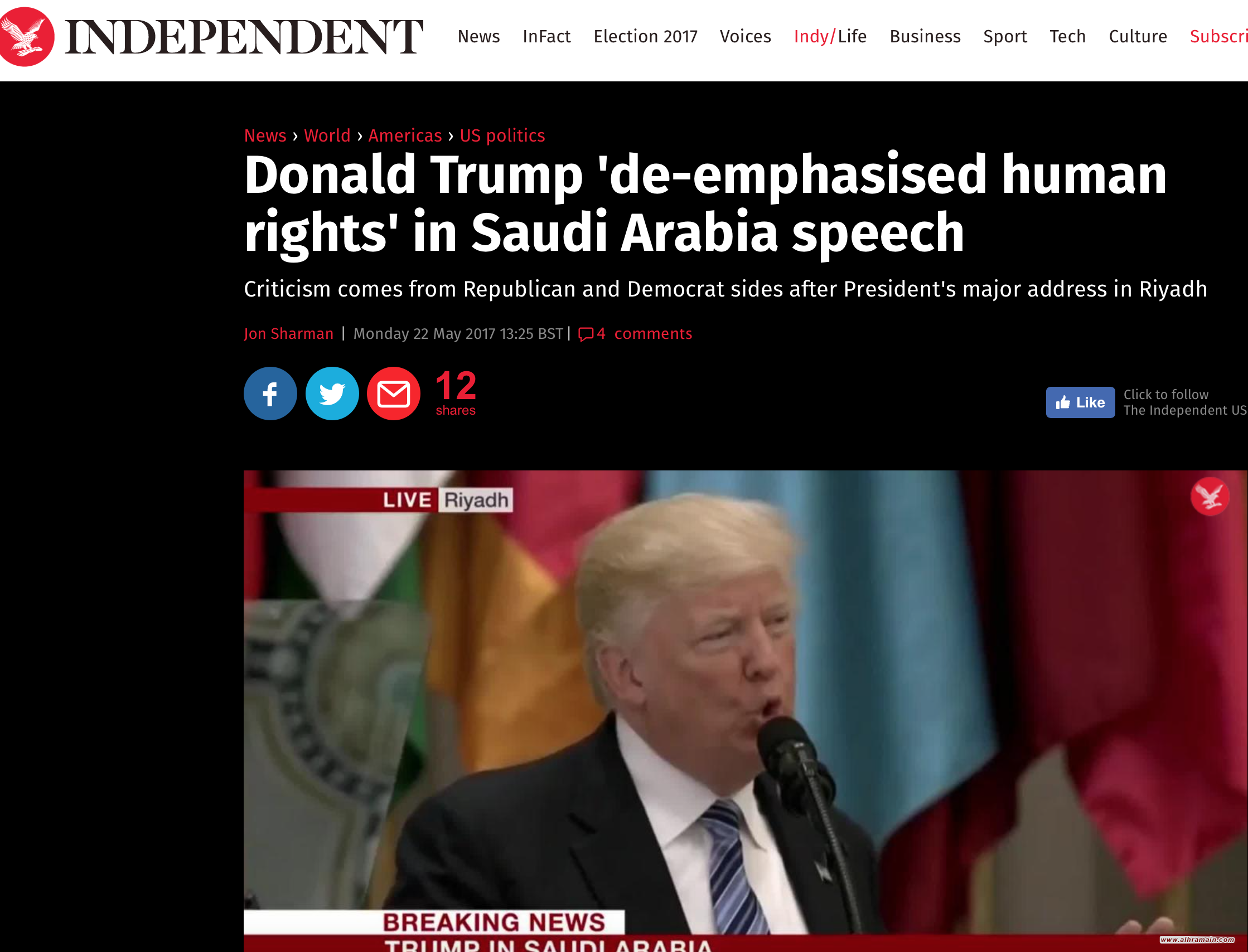 صحيفة &ldquo;إندبندنت&rdquo;: ترامب لم يشدّد على أهمية حقوق الإنسان خلال زيارته للسعودية